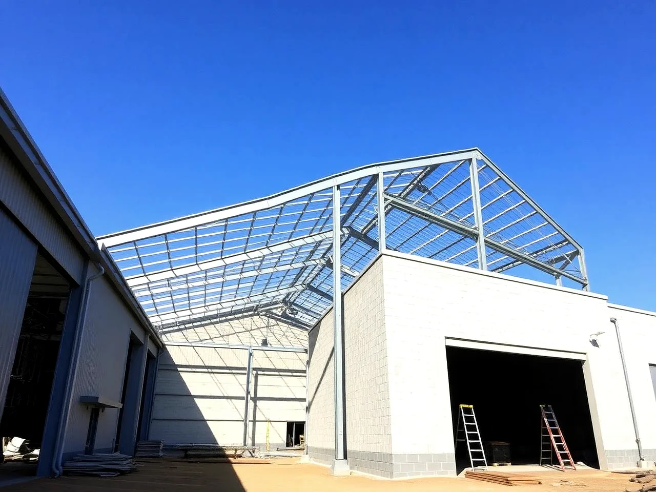 Ampliação estrutural com nova estrutura metálica junto a construção existente