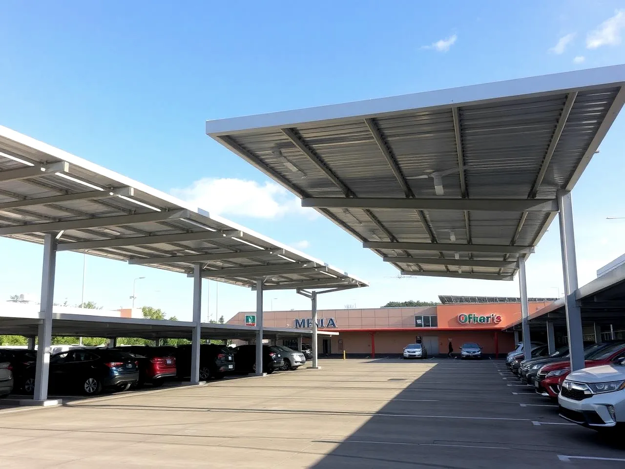 Cobertura metálica instalada sobre área externa de estacionamento